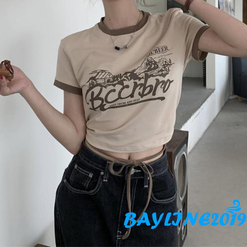 Áo Thun Ngắn Tay Dáng Rộng In Chữ Phối Dây Cột Thời Trang Mùa Hè Cho Nữ