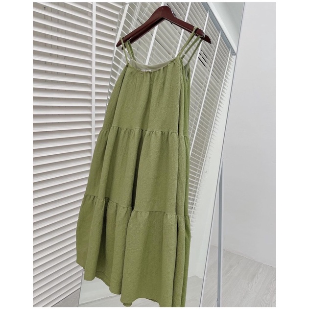 Đầm hai dây maxi 3 tầng đi biển, Váy babydoll hai dây chất đũi chữ A xoè rộng