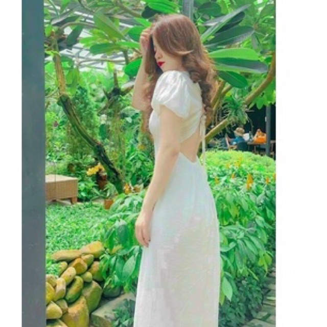 Váy trắng tiểu thư maxi hở lưng tay phồng minasa
