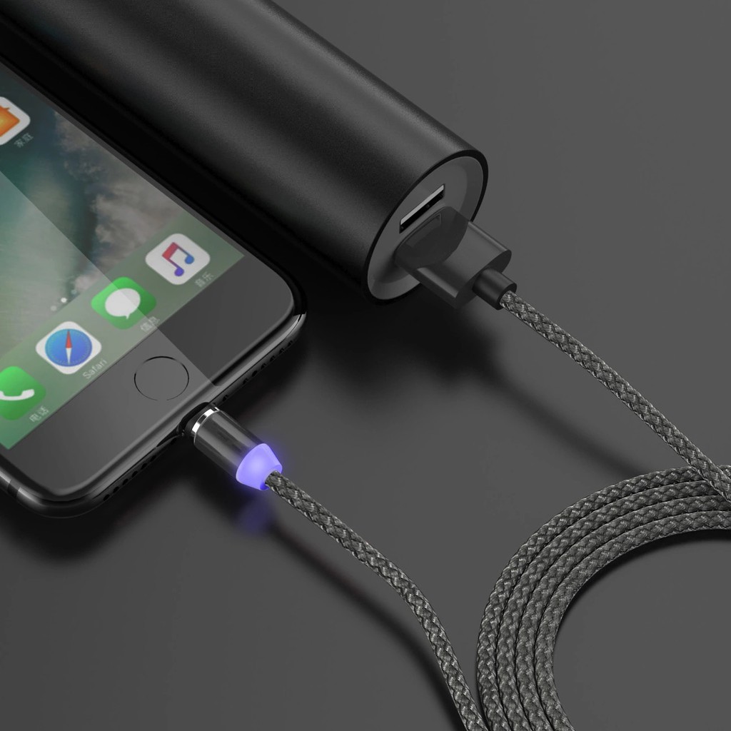 Cáp sạc từ hút nam châm đầu Iphone | micro USB | Type C xoay 360 độ dây dù, có LED cao cấp dungcuthethao
