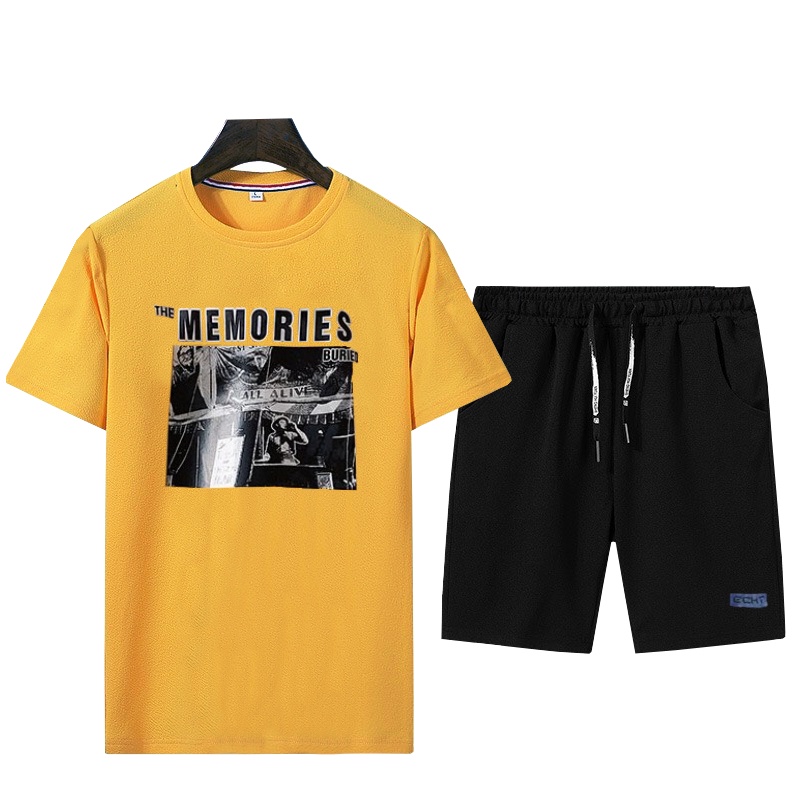 Set Bộ 2 Món Quần Shorts + Áo Thun Nam Chất Vải Thun CB2_MAT166TH_MSH002THDEF6 (Tay Lỡ Memories + Trơn Logo Xanh)
