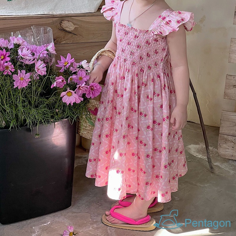 Đầm Công Chúa Mùa Hè Tay Bay Nhỏ Thoáng Khí In Họa Tiết Hoa Dễ Thương Thân Thiện Với Da Cho Bé Gái