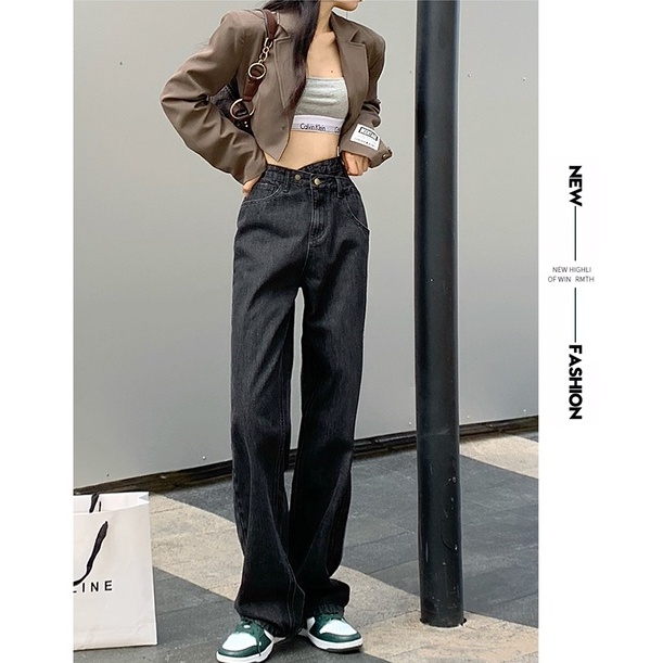 Quần jean lưng cao ống rộng phong cách sành điệu sang trọng cho phụ nữ Xiaozhainv