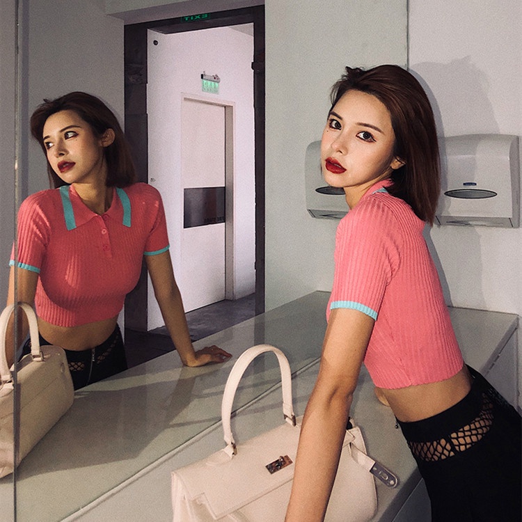 SUXI Áo Thun Croptop Dệt Kim Phối Nút Màu Tương Phản Kiểu Hàn Quốc Cá Tính