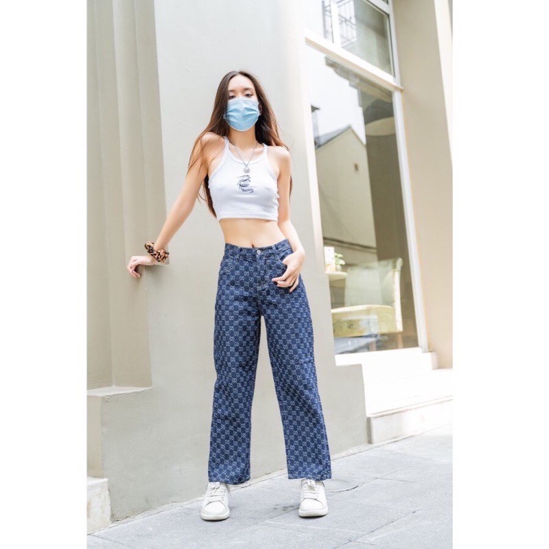 Hàng Có Sẵn  Quần Jeans nữ GU-Suong, Ống suông rộng In Họa Tiết Phong Cách Hàn Quốc full Size S-Xl