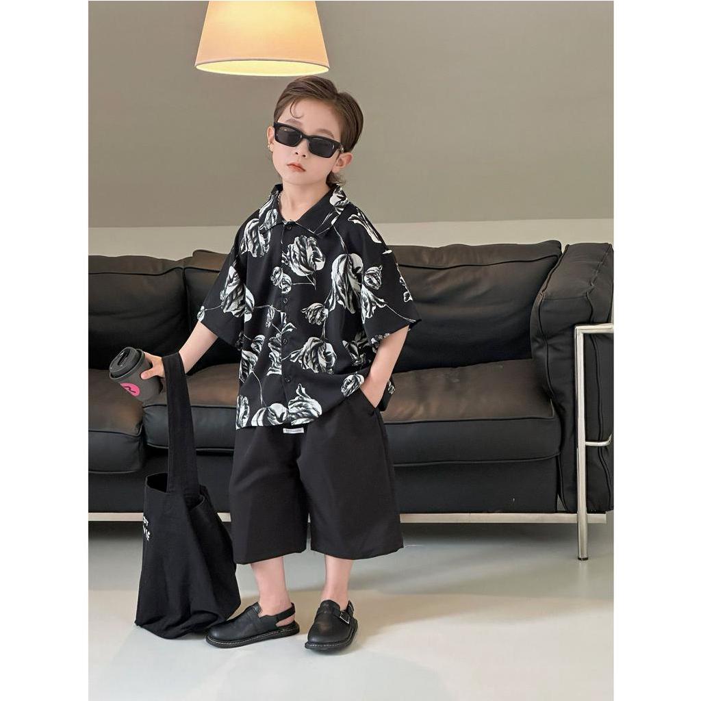 ÁO SƠ MI HOA CỘC TAY CHO BÉ TRAI, BÉ GÁI ( SƠ MI ĐEN HOA TRẮNG)