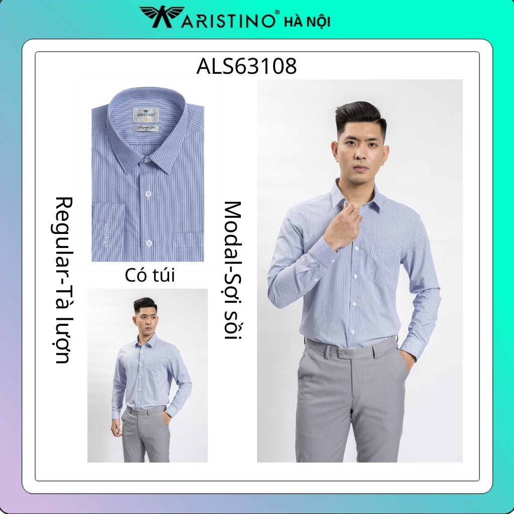 Áo sơ mi dài tay Aristino sợi sồi kháng khuẩn ,tà lượn trẻ trung from rộng ALS63108
