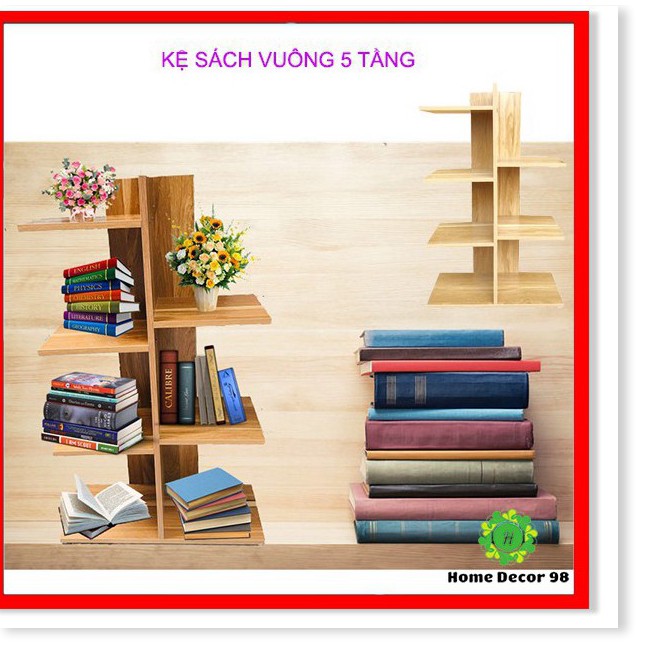 🌟HÀNG LOẠI 1🌟 Kệ sách gỗ vuông 5 tầng | Kệ sách phòng làm việc vân gỗ hình cây lắp ghép bằng gỗ - thiết kế thông minh