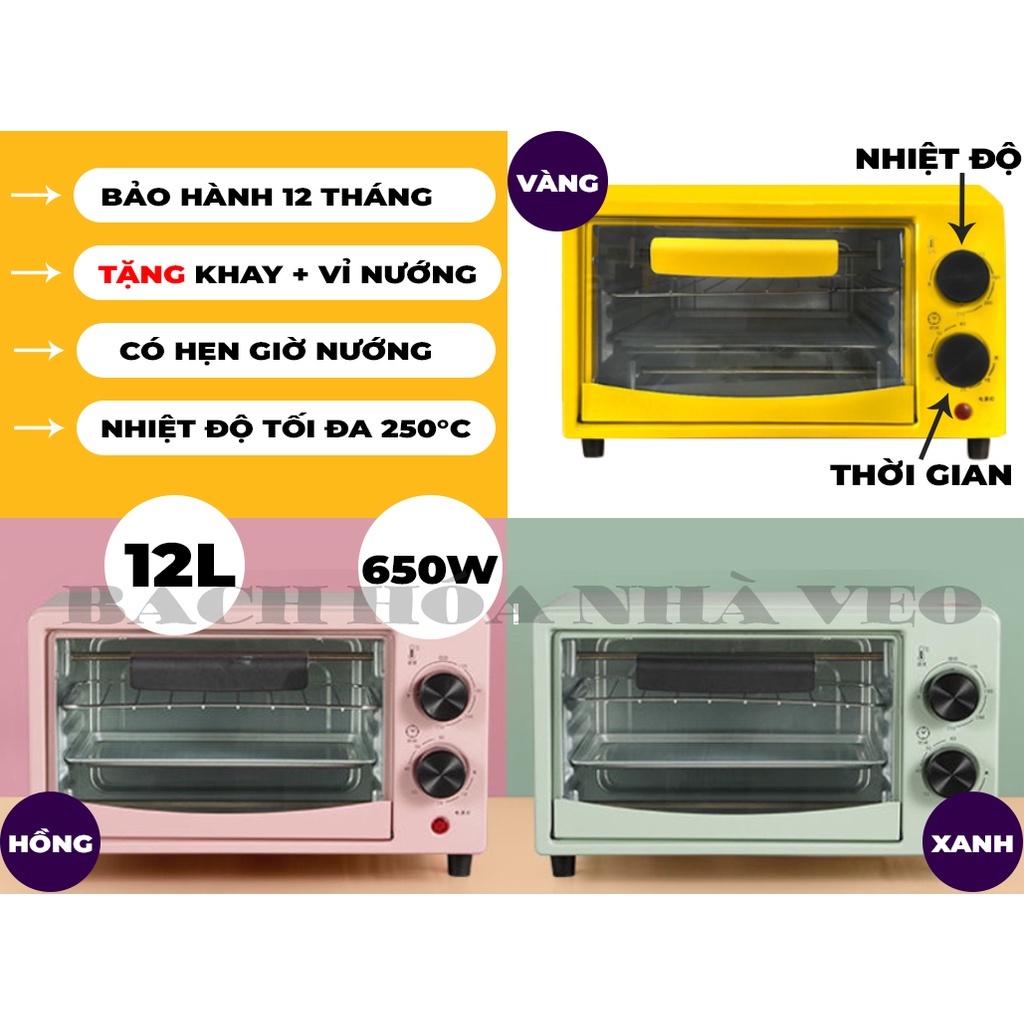 Lò Nướng Điện, Mini Đa Năng 12 Lít, 3 Màu, Bảo Hành 12 Tháng