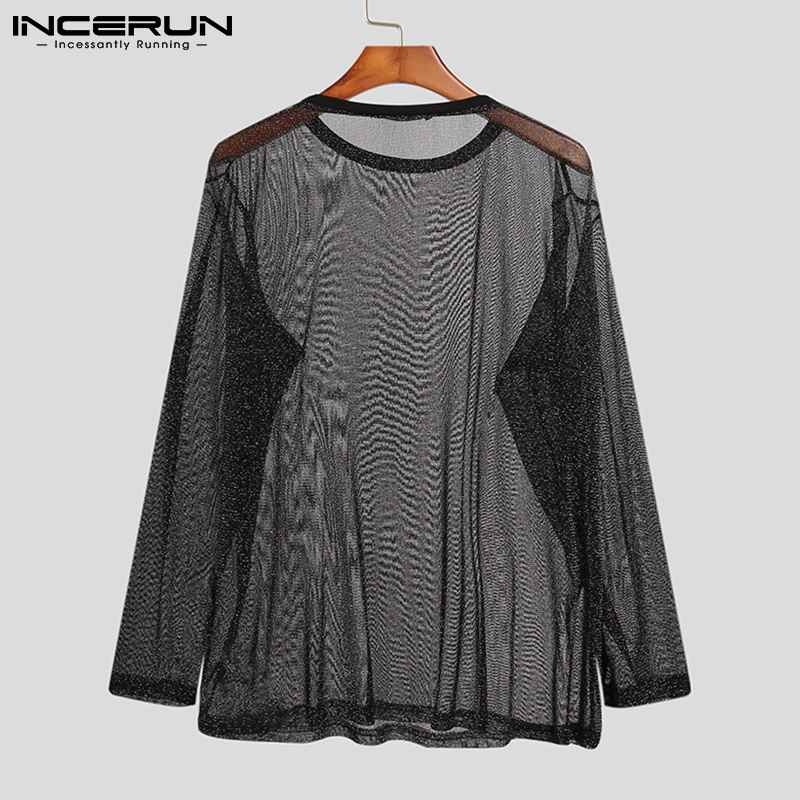 Áo thun INCERUN vải lưới mỏng xuyên thấu tay dài cổ tròn dáng rộng thời trang mùa hè cho nam