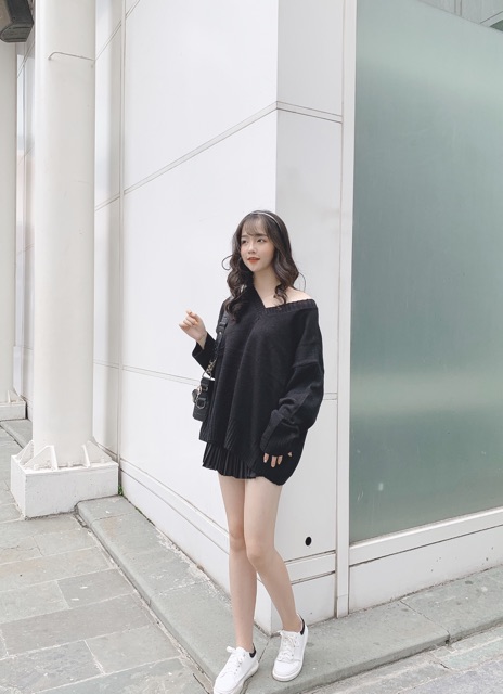 Áo trễ vai len cổ tim ulzzang