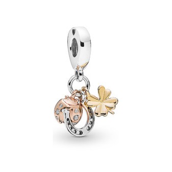 Pure Silver Lucky Four Leaf Clover Dangle Charm / Pendant Ladybird Charm