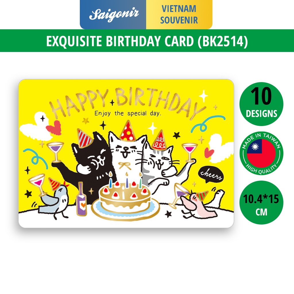 Thiệp giấy mừng sinh nhật Birthday Card Cao Cấp Nhập Từ Đài Loan BK2514 Chữ Nhũ Vàng Họa tiết Cute 10.4x15cm