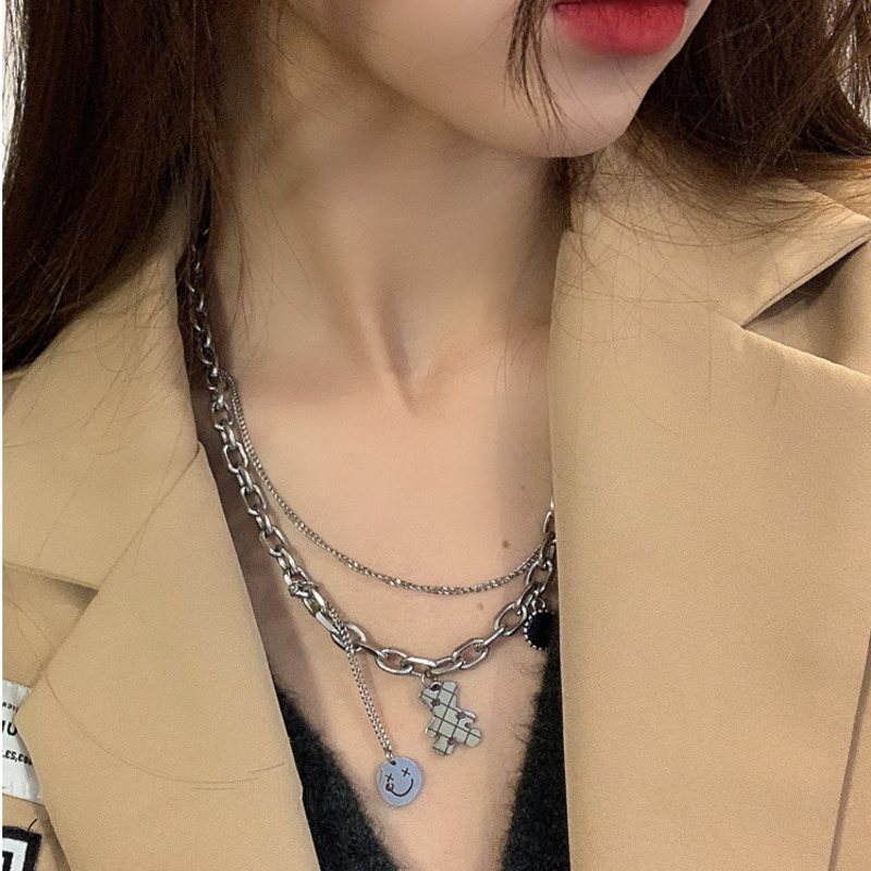 Dây chuyền hai lớp gấu mặt cười dễ thương phong cách hip hop đơn giản dễ phối