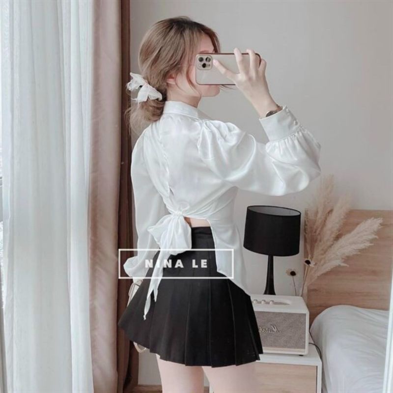 Áo sơ mi kiểu cột nơ sau lưng chất lụa satin siêu mượt