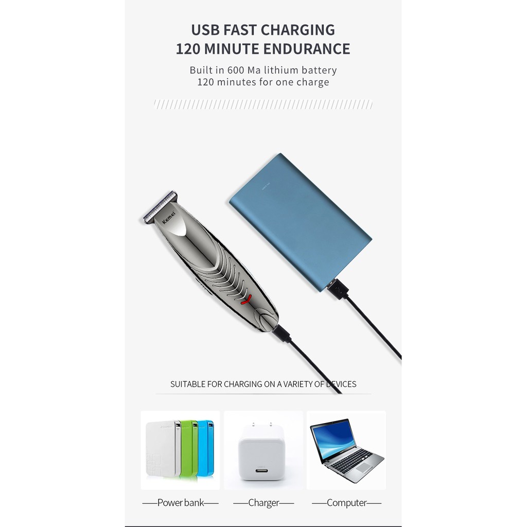 Tông đơ điện KEMEI đầu cắm USB không cần dây có thể sạc lại chuyên dụng
