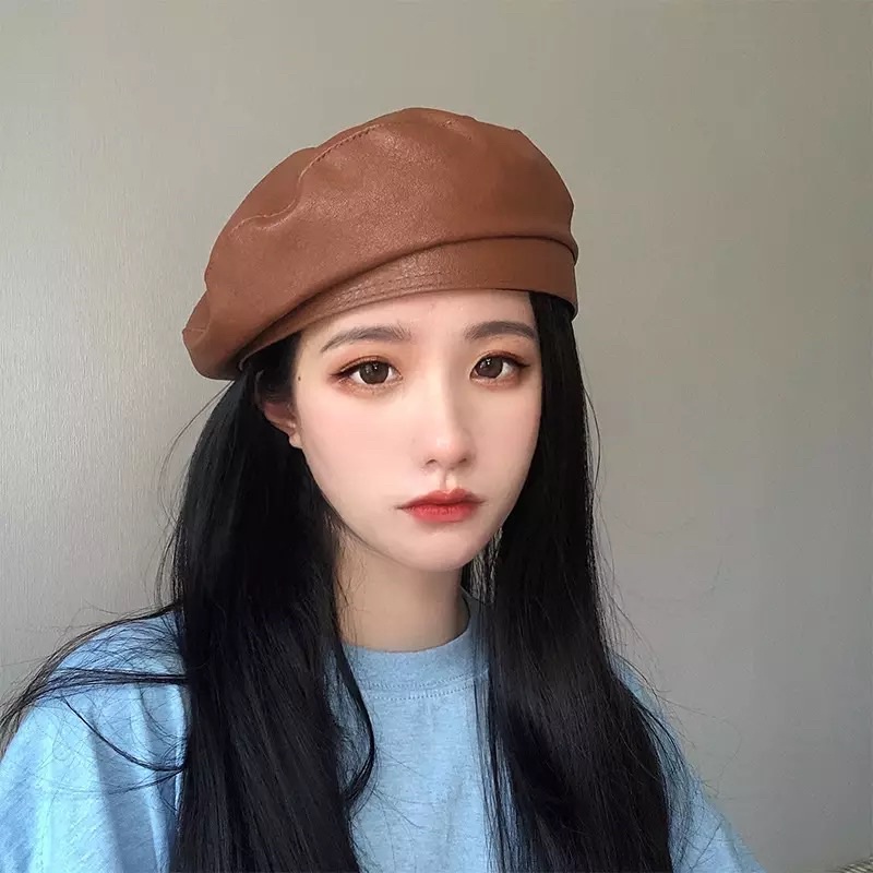 Mũ nồi nón beret hat da Pu thời trang