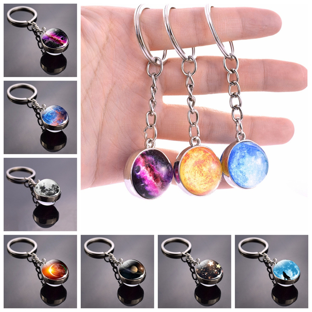 💍MELODG💍 Women Solar System Keychain Jewelry Double Sided Planet Keyring Chain|Ball Pendant Fashion Glass Dome Time|Galaxy Ball