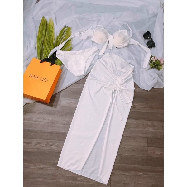 Bikini nữ đi biển 3 mảnh nơ ngực kèm chân váy dây rút 2 màu