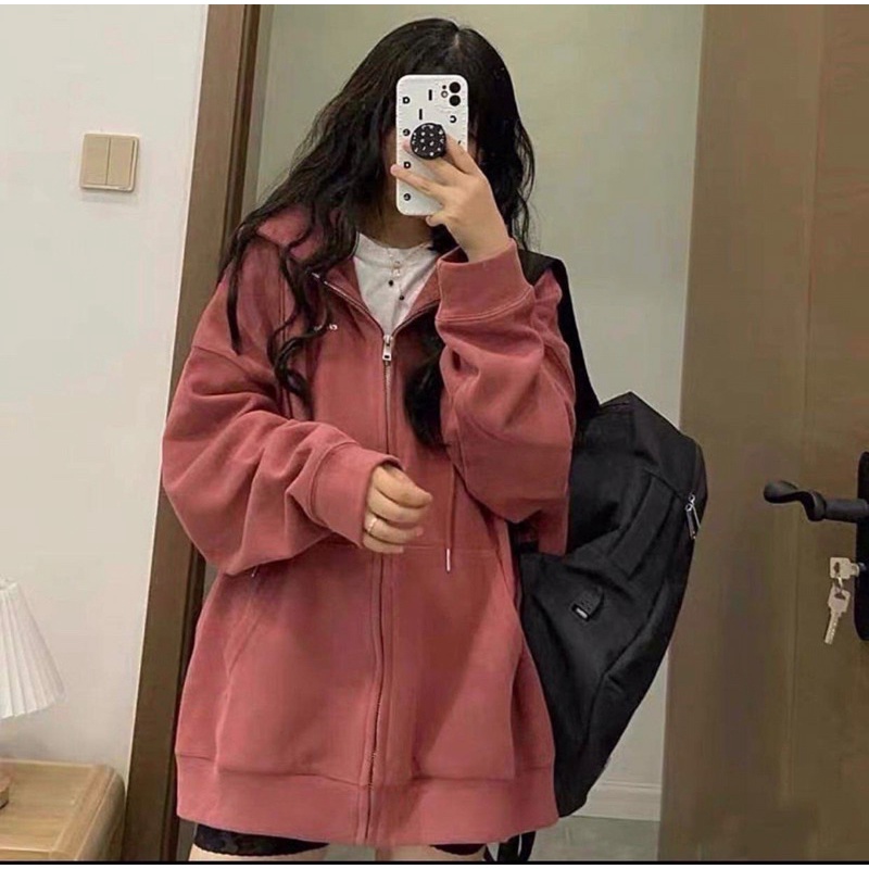 Áo Khoác Nỉ Đỏ đô cá tính Khóa Zip Oversize- Hoodie dáng thụng form rộng dài tay.