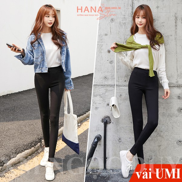 Quần legging cạp cao gen bụng co giãn nữ có túi trước sau nâng mông - Quần legging đen dài vải Umi Hàn dày dặn tập gym