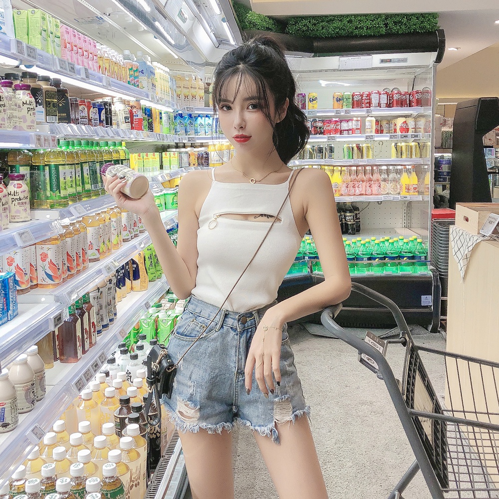 Áo hai dây ZHELIHANGFEI sát nách phối khóa kéo phong cách quyến rũ cho nữ