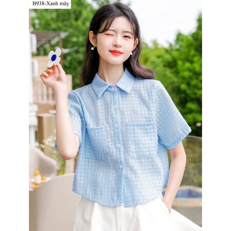Áo sơ mi công sở nữ tay ngắn vải tơ sóng thời trang, áo sơ mi nữ thiết kế phối 2 túi trước xinh sắn LAMO - B938