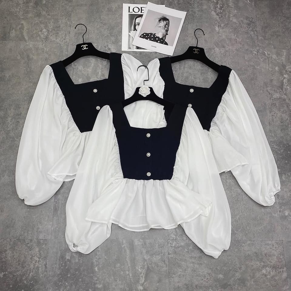 ÁO CỔ VUÔNG ĐEN TRẮNG PHỐI CÚC NGỌC | BigBuy360 - bigbuy360.vn