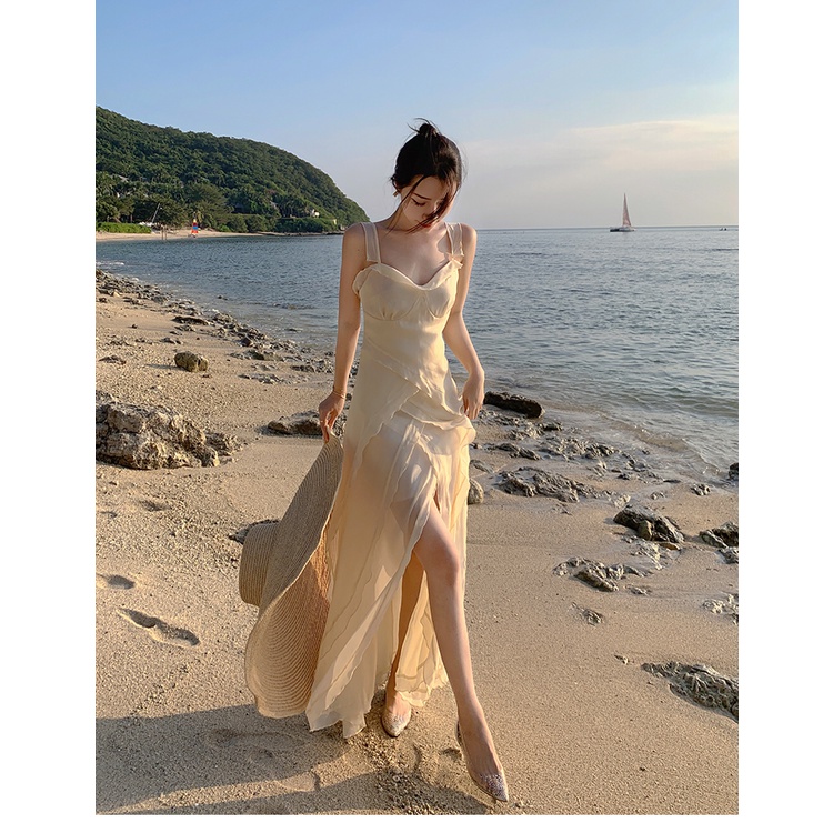 Đầm Dài Xẻ Tà Phối Bèo Phong Cách Retro Pháp Cho Nữ