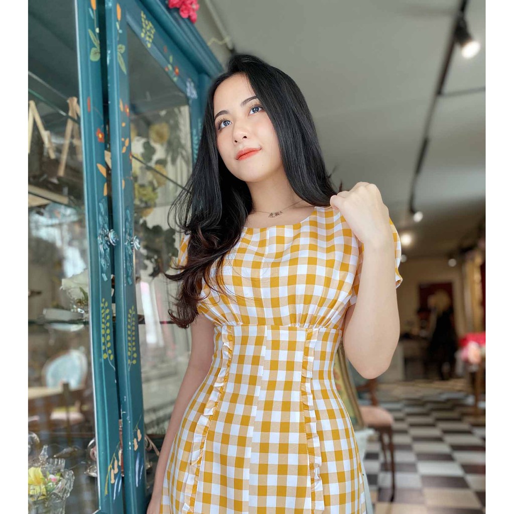 Đầm công sở nữ caro cam thiết kế trẻ trung dáng xòe tay ngắn mềm mát thoải mái