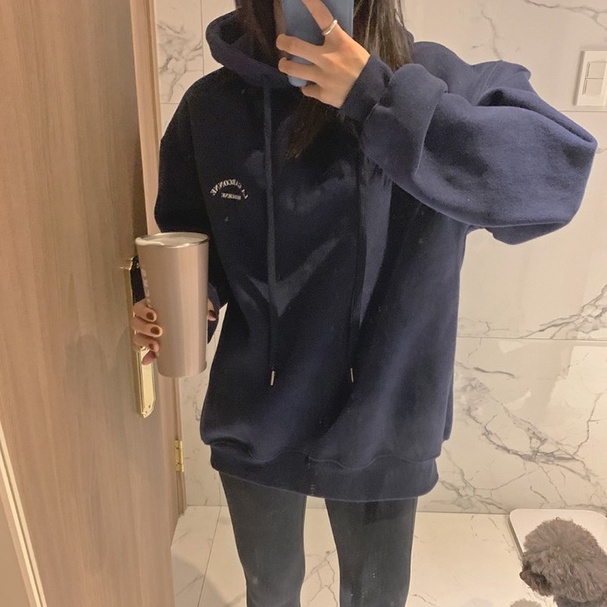 38818  Áo hoodie vải nỉ lót lông cừu dài tay in chữ thời trang dành cho nữ