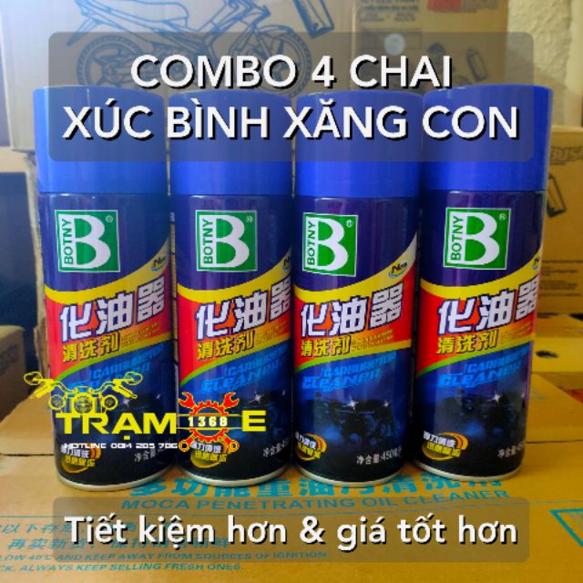 COMBO 4 CHAI BOTNY XÚC BÌNH XĂNG CON, HỌNG GA, VỆ SINH KIM PHUN, XI LANH, TRÁI PISTON