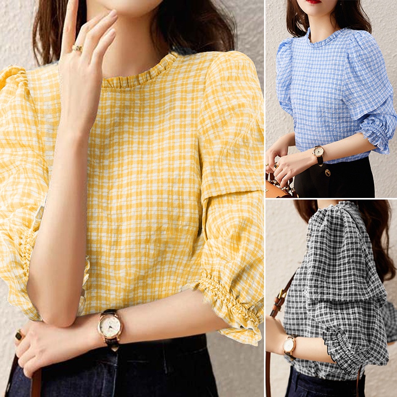 Áo sơ mi kiểu ZANZEA cổ tròn cổ tay áo co giãn in họa tiết kẻ sọc caro phong cách Hàn Quốc ngọt ngào dễ thương cho nữ