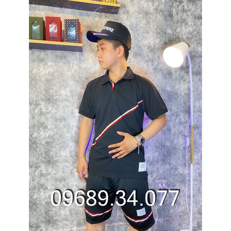 Áo phông polo nam đen trắng kết hợp sọc chéo cực phong cách