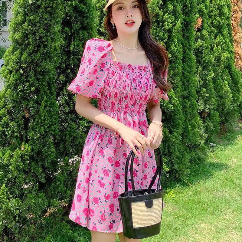 Đầm YEYA tay phồng cổ vuông in họa tiết hoa size lớn thời trang mùa hè xinh xắn dành cho nữ