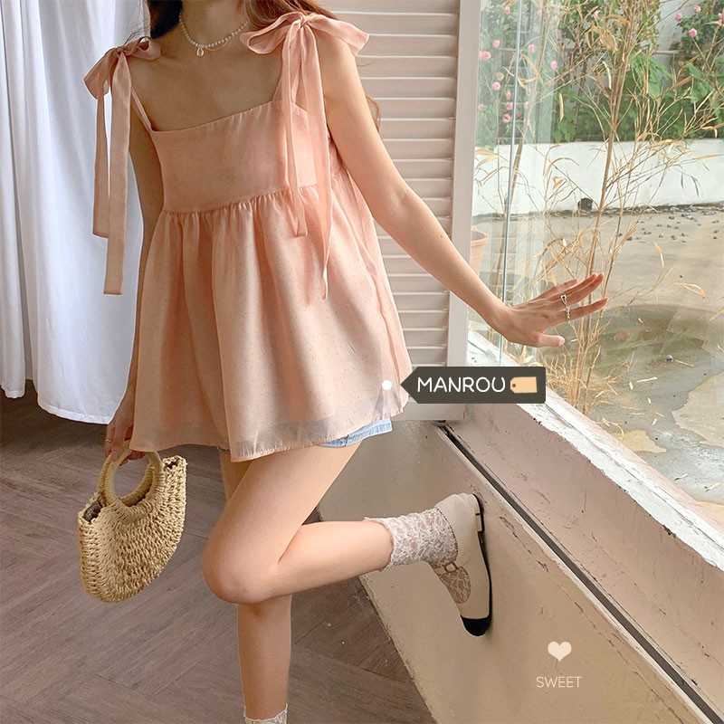 Áo 2 dây form babydoll vải voan lấp lánh (ảnh thật ở cuối)