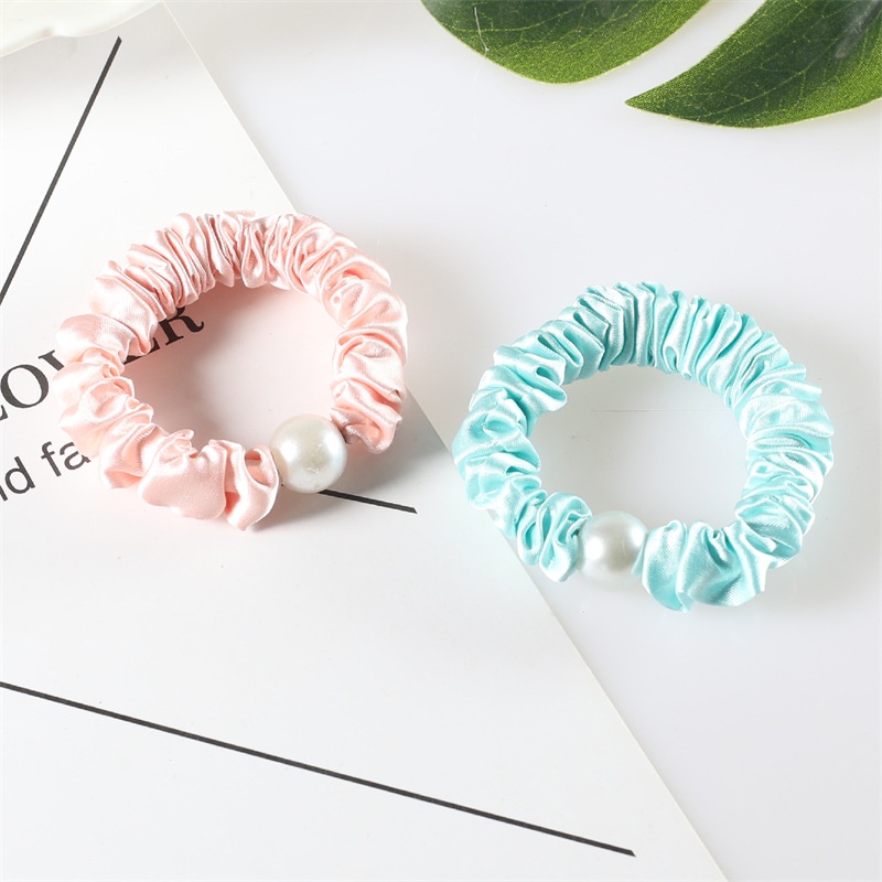 Dây cột tóc scrunchies vải phi bóng đính châu trắng nhiều màu pastel S28