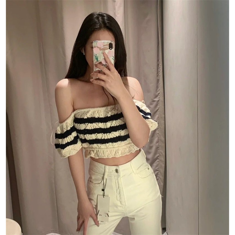 Áo Croptop Dệt Kim Tay Ngắn Họa Tiết Kẻ Sọc Thời Trang Hàn Quốc Mới Cho Nữ