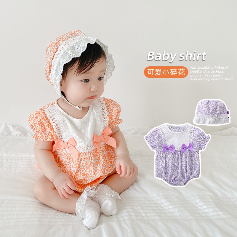 Bộ Áo Liền Quần Công Chúa Phối Ren Hoa Kèm Nón Thời Trang Mùa Hè Cho Bé Gái Sơ Sinh