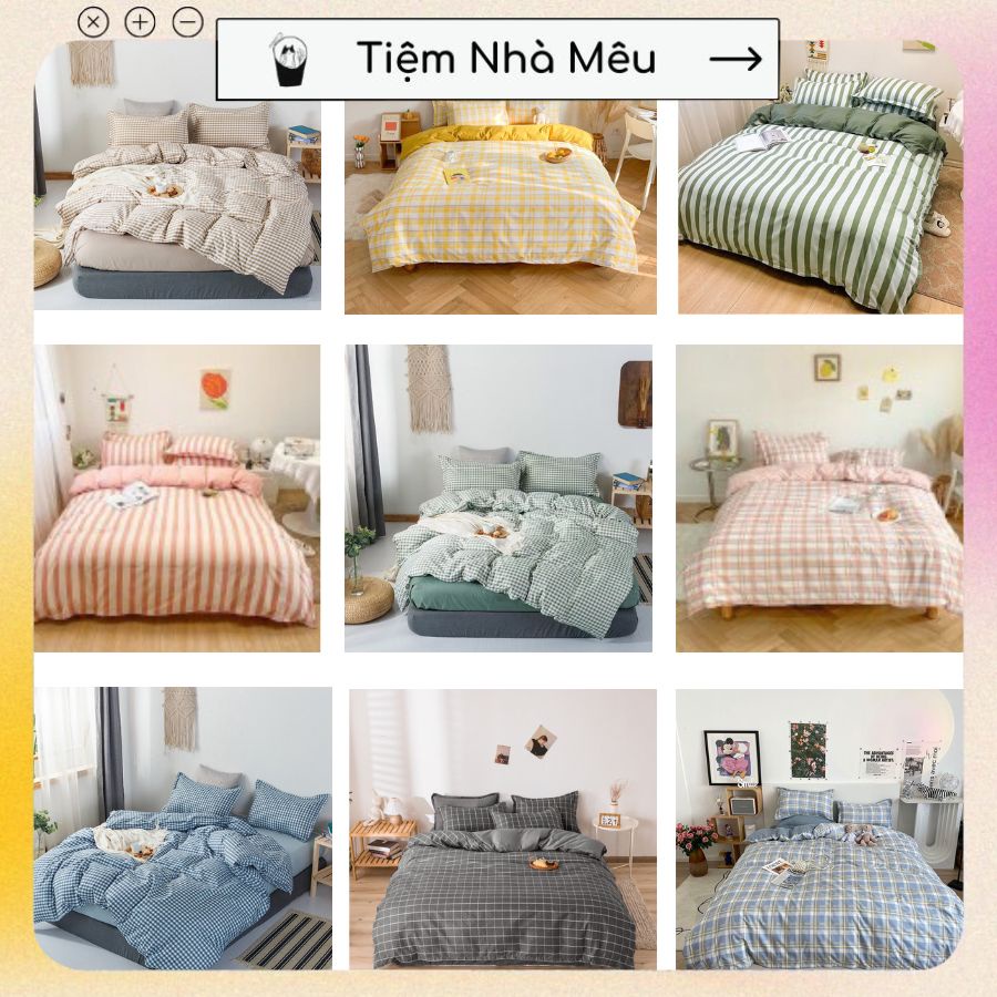 (Nhiều Mẫu Mới - Full Size ) Bộ 4 Món Chăn Ga Gối ✨ m6/m8/2m✨ Họa Tiết Basic Caro Cotton 80% Tiệm Nhà Mêu