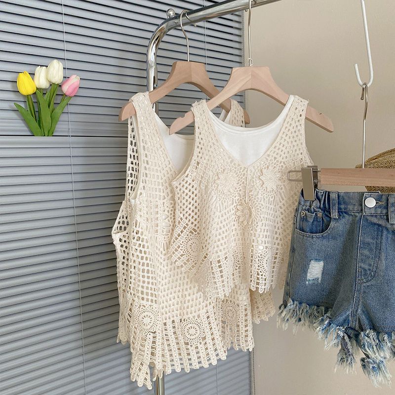 Hàng Mới Về Mới Set Áo Thun Ba Lỗ + Quần Short Denim Ống Rộng Thời Trang Mùa Hè Cho Bé Gái