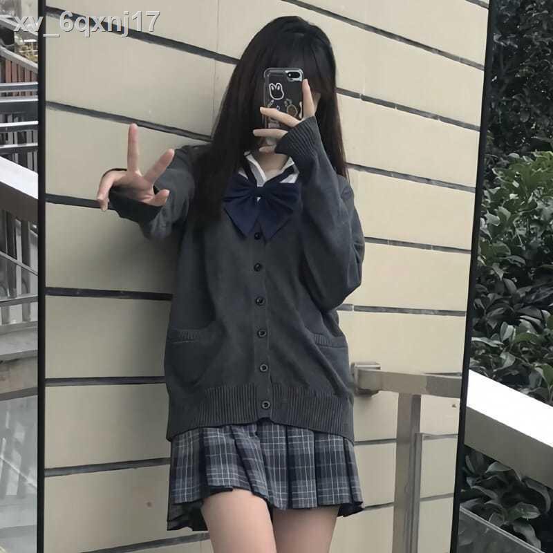 Chân váyváy tennis♛▬◐Đồng phục jk Nhật Bản kiểu đại học áo len cơ khoác cardigan cổ v mùa xuân và thu sinh lớp