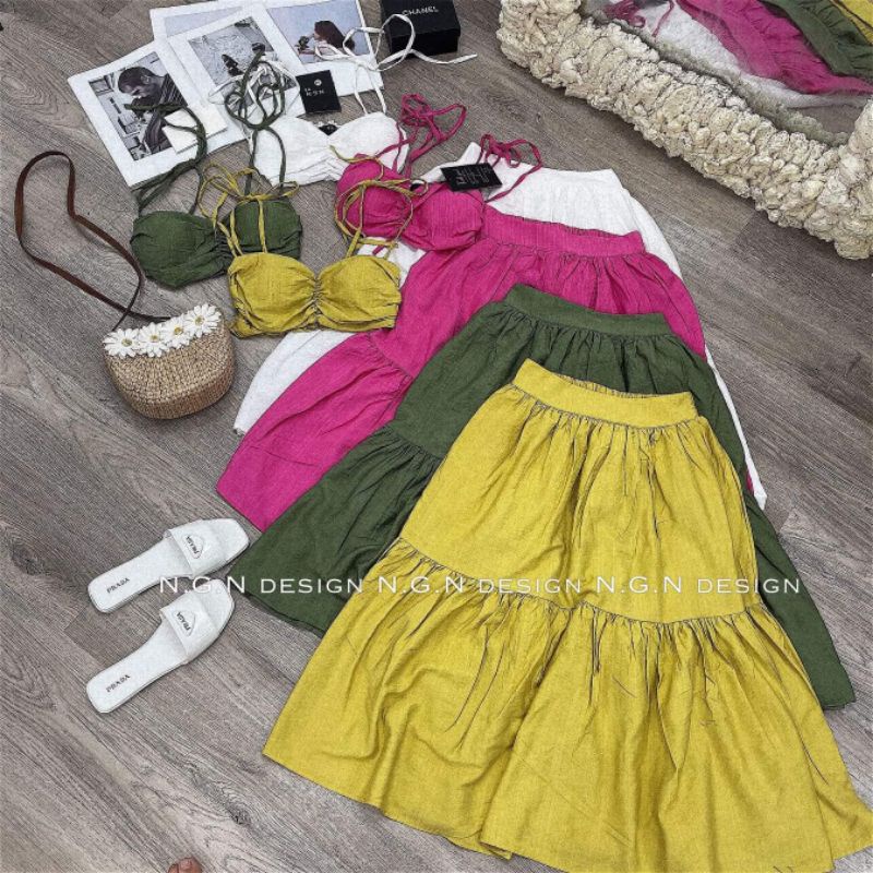 Sét áo 2 dây buộc+chân váy xòe