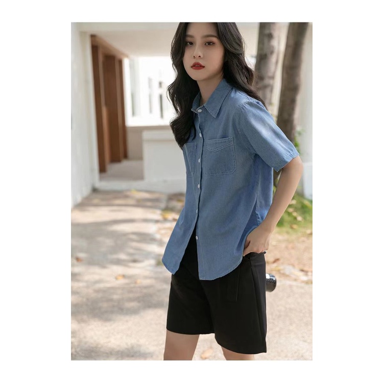 Áo Sơ Mi Denim Tay Ngắn Cổ Bẻ Dáng Rộng Phong Cách Hong Kong Thời Trang Mùa Hè Mới Cho Nữ