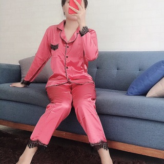 Bộ lụa phối ren tay dài quần dài