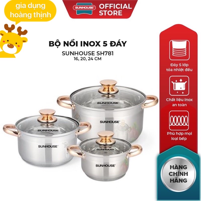 (Miễn ship) Bộ NỒI INOX 5 ĐÁY CAO CẤP SUNHOUSE SH781 hàng chính hãng