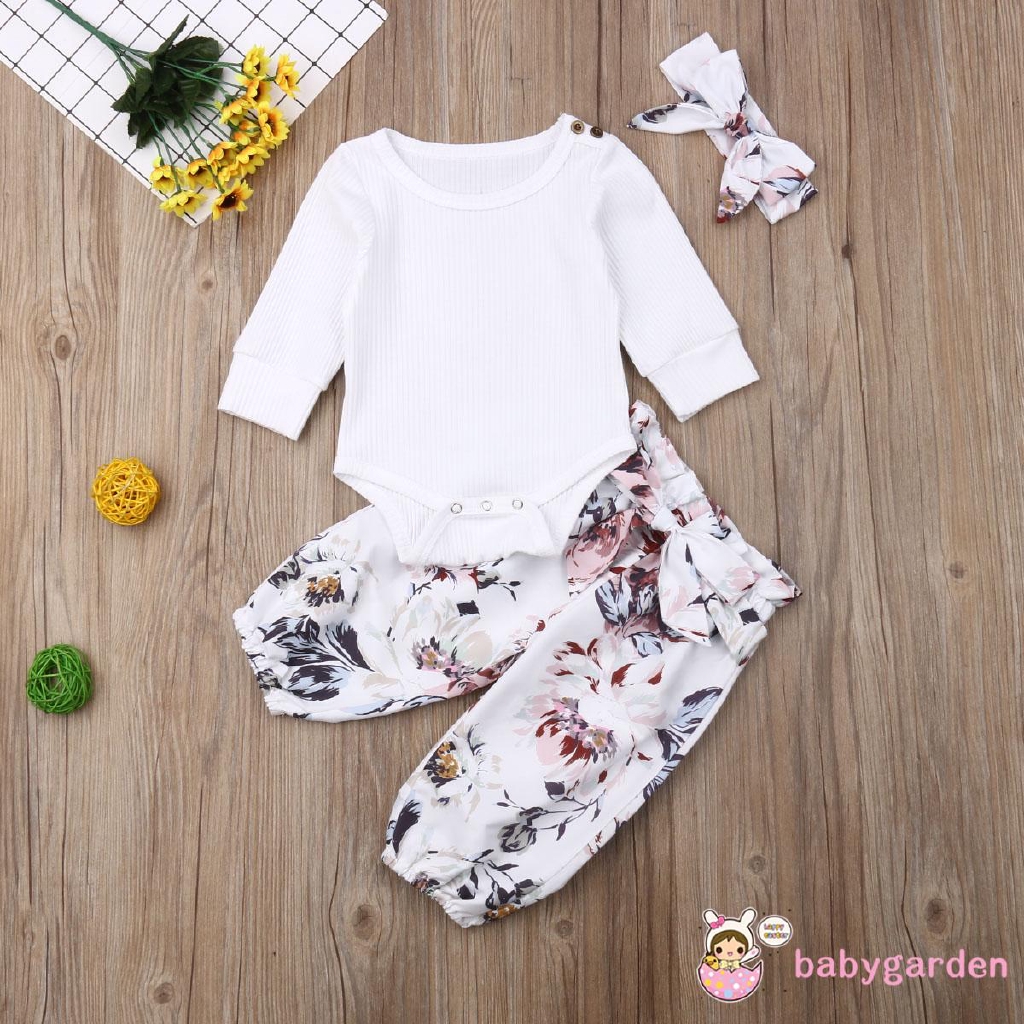 Set áo liền quần + Quần short + Băng đô họa tiết hoa dễ thương cho bé gái