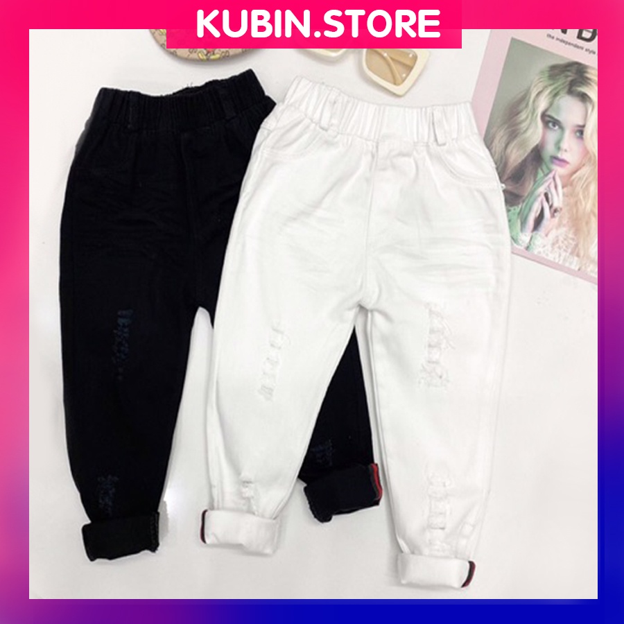Quần kaki đen trắng mềm rách phong cách Hàn Quốc cho bé trai bé gái mặc tết chơi xuân