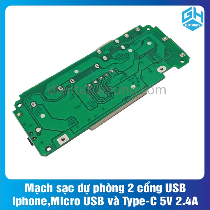 Mạch sạc dự phòng 2 cổng USB, Iphone, Micro USB và Type-C 5V 2.4A,Kích thước: 65x25mm