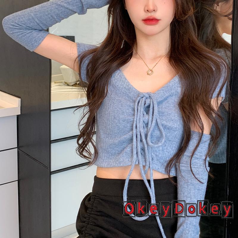 Set Áo Croptop Ngắn Tay Cổ Chữ V + Áo Kiểu Dây Rút Phía Trước Thời Trang Cho Nữ
